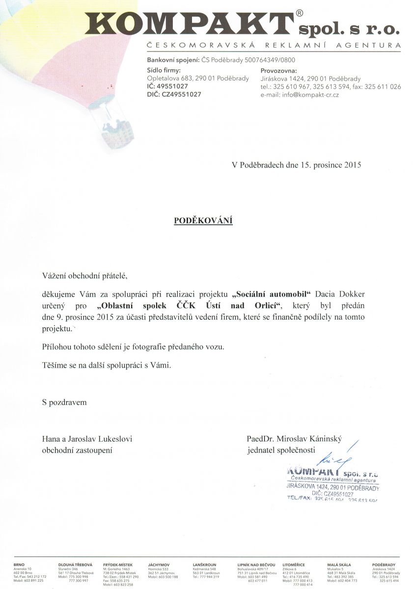Poděkování za podporu projektu Senior doprava ČČK Poděkování za podporu projektu Senior doprava ČČK